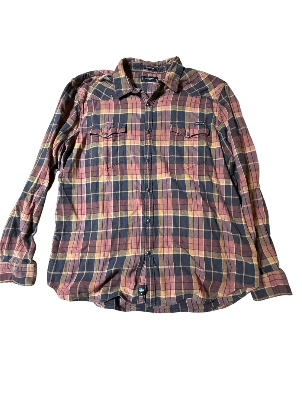Lucky Brand Shirt Mens Xl Orange Flannel Tartan Plaid Western Pearl Snap